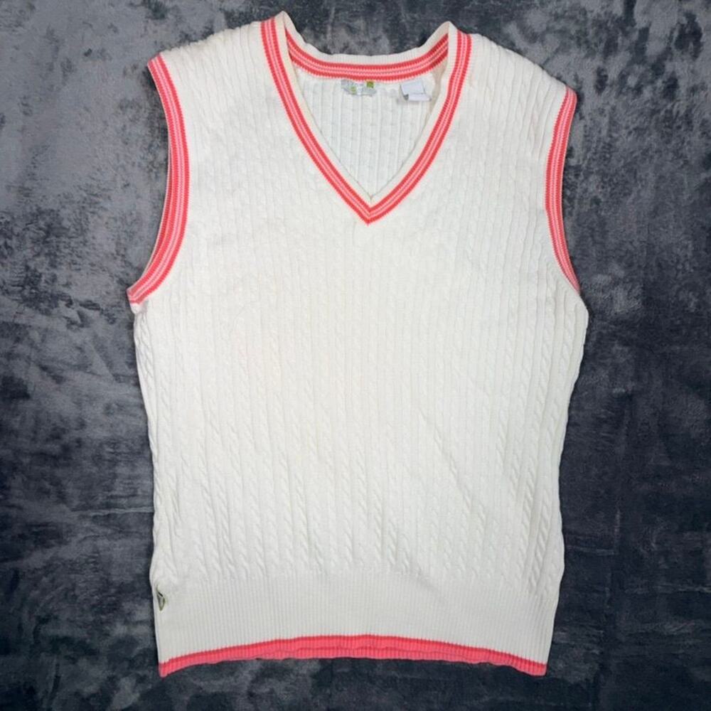 Izod Womens Sweater Vest M‎ White Pink Trim Cable Knit V-Neck Golf Preppy Top